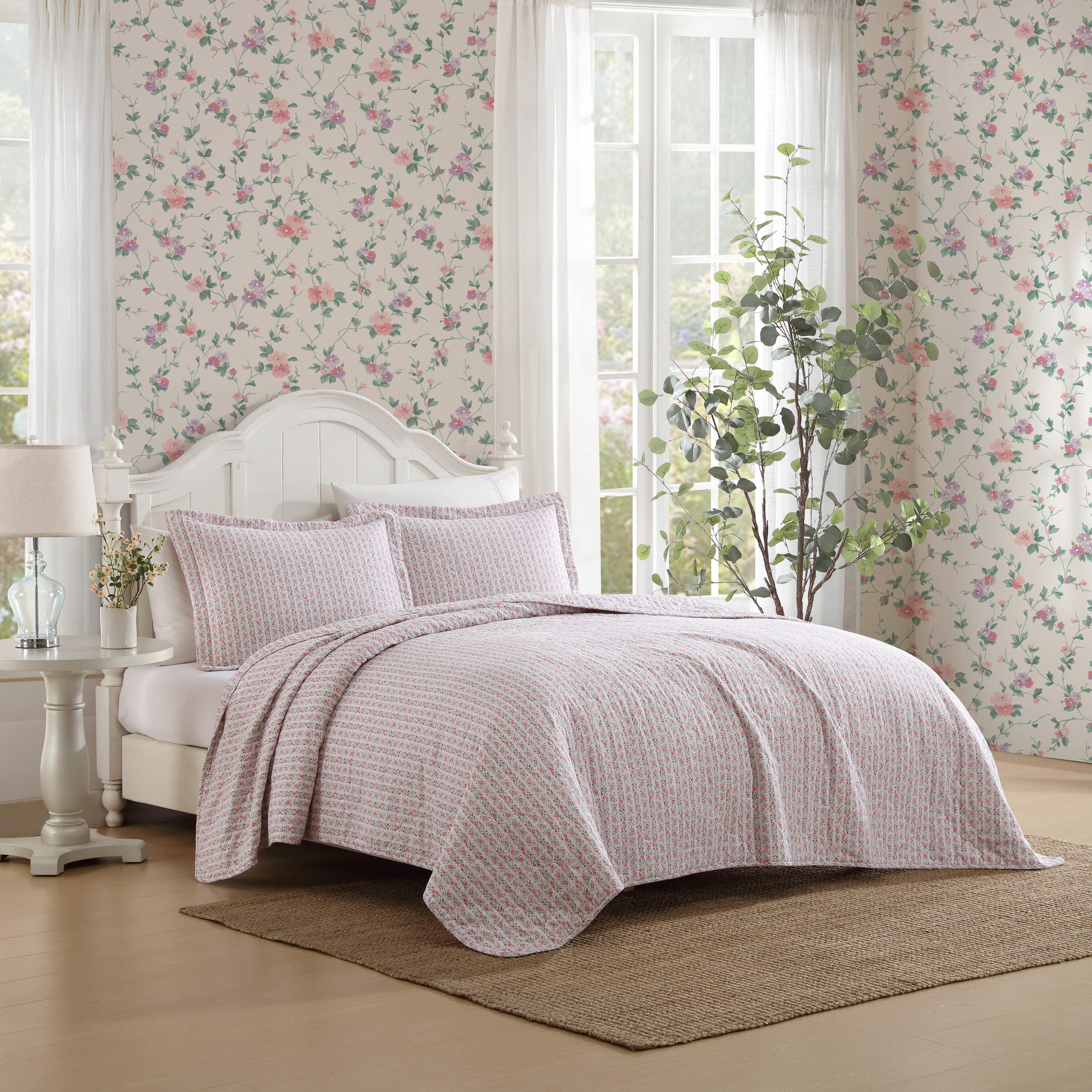 Laura Ashley Marta Stripe Cotton Reversible Pink Quilt Set